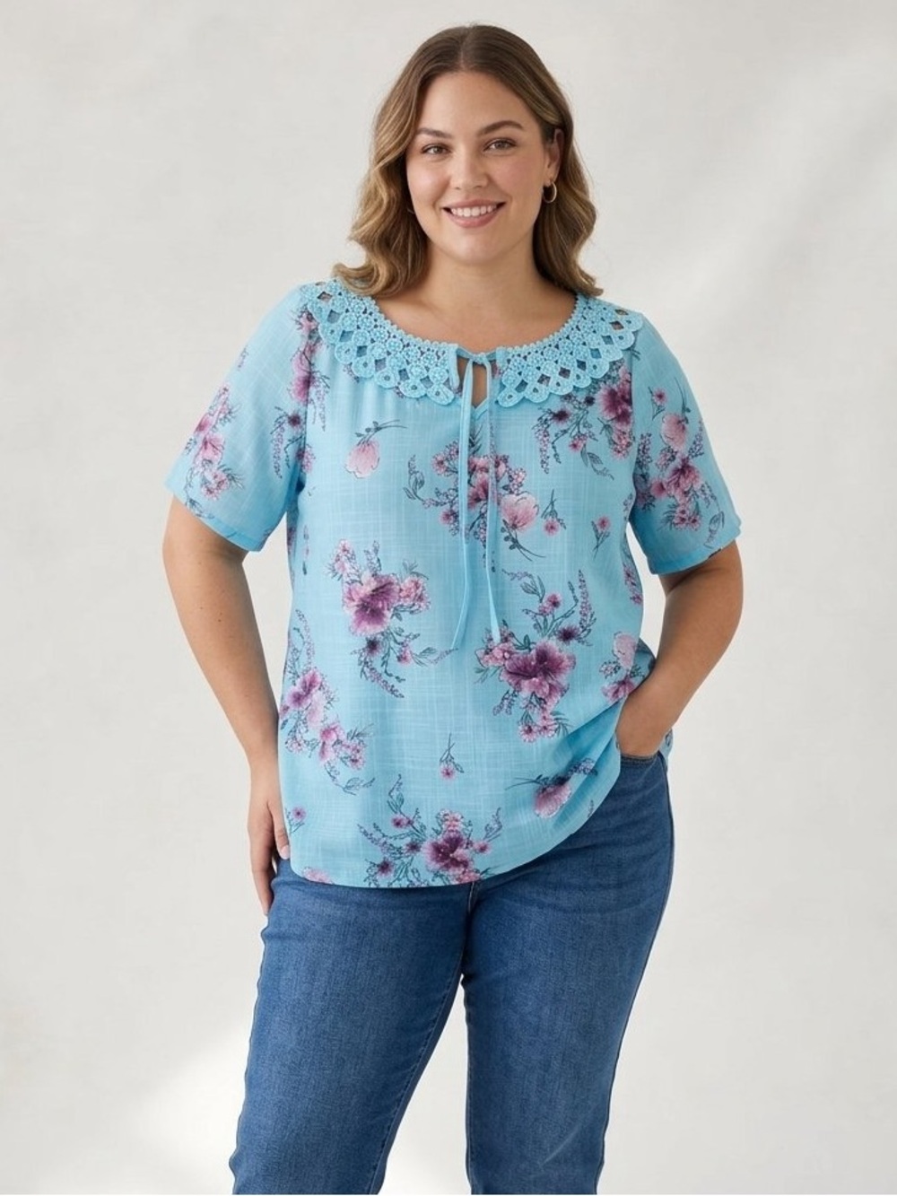 Vibrant Floral Boho Crochet Neck Plus Size Blouse | Easy-Care Light Blue Top 5X